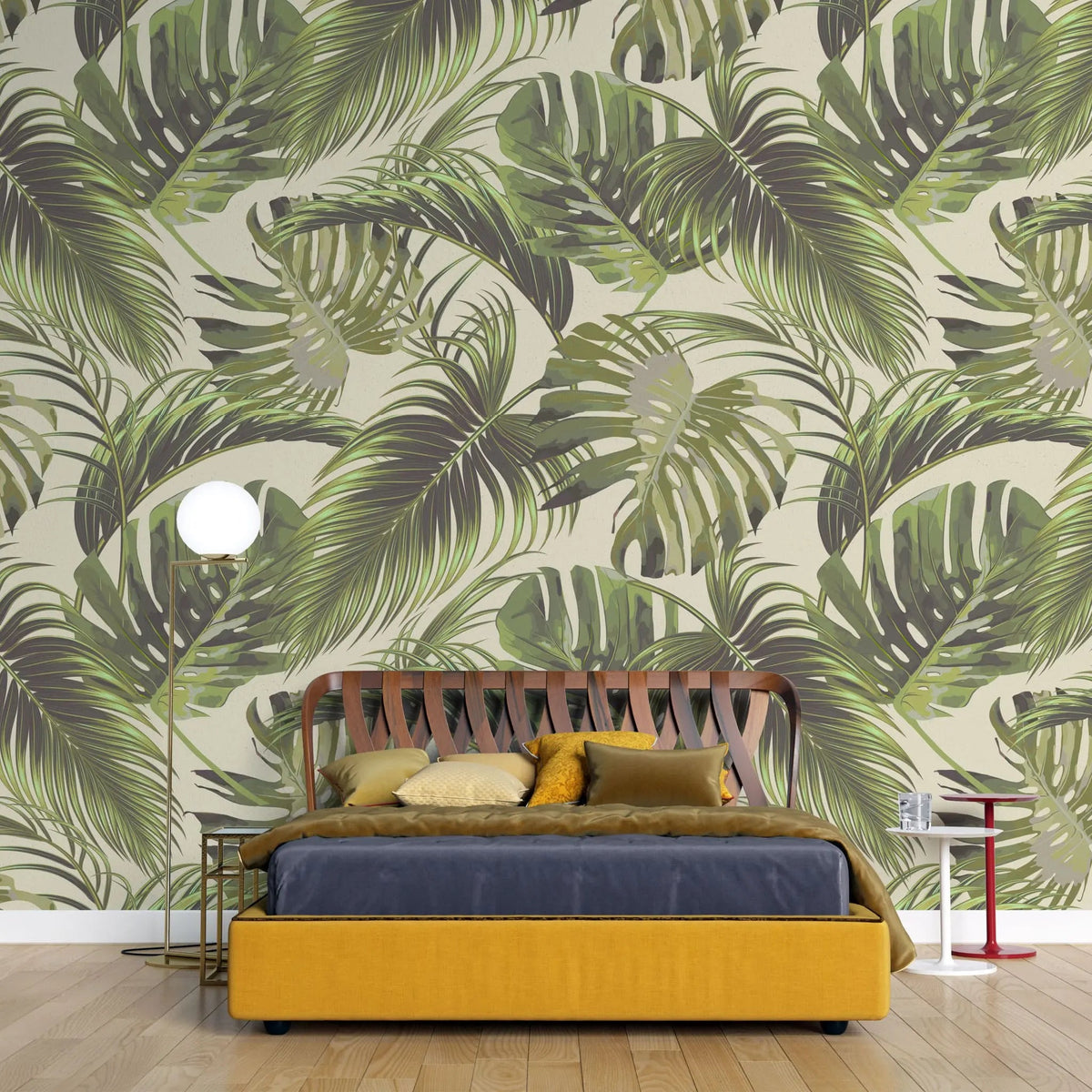 Tapet tropical personalizat cu frunze de monstera si palmier belmore pe fundal nude monstera belmore