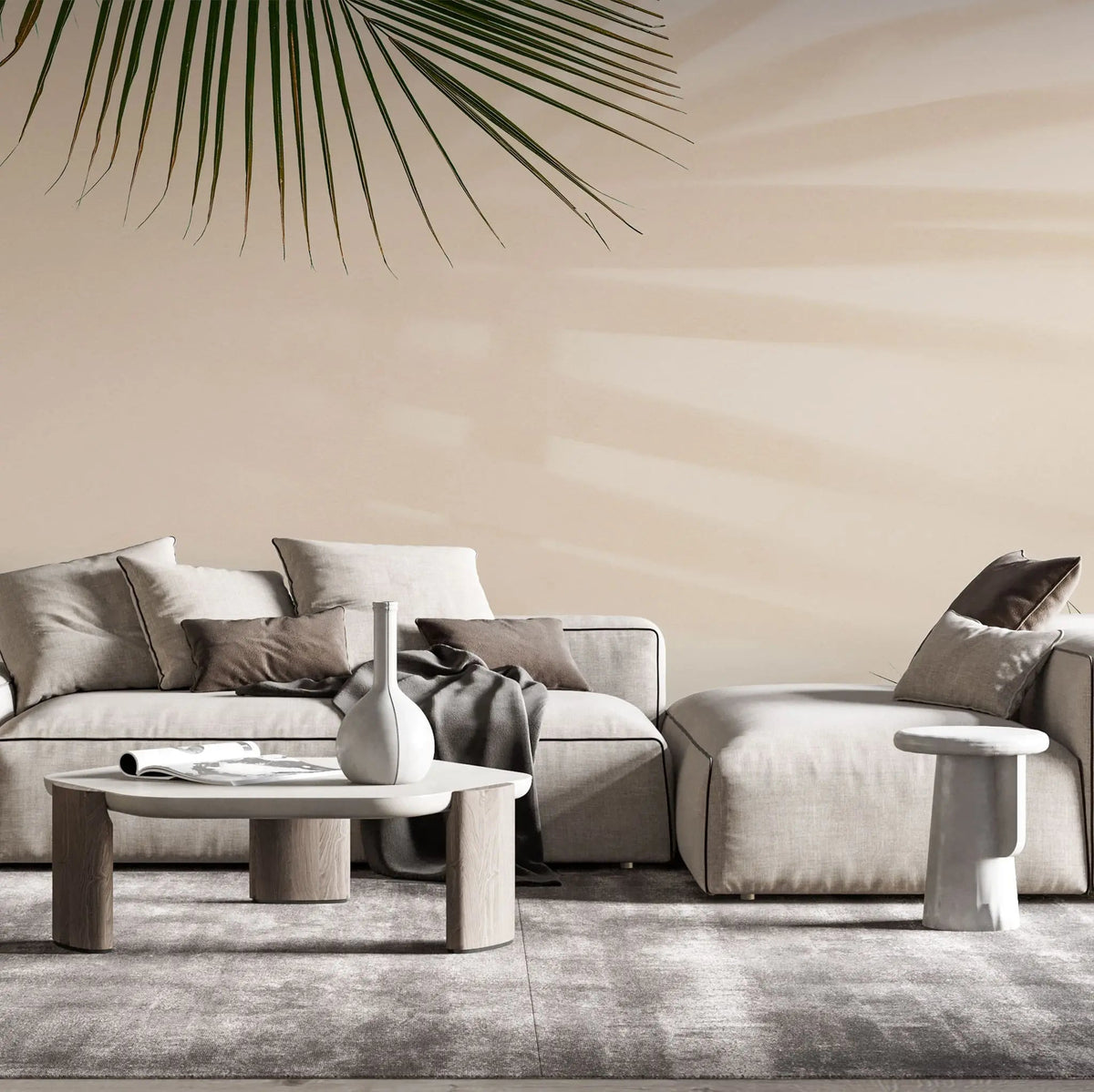 Tapet tropical personalizat cu frunze de palmier verzi si umbrele lor pe un fundal rose nude nude palm