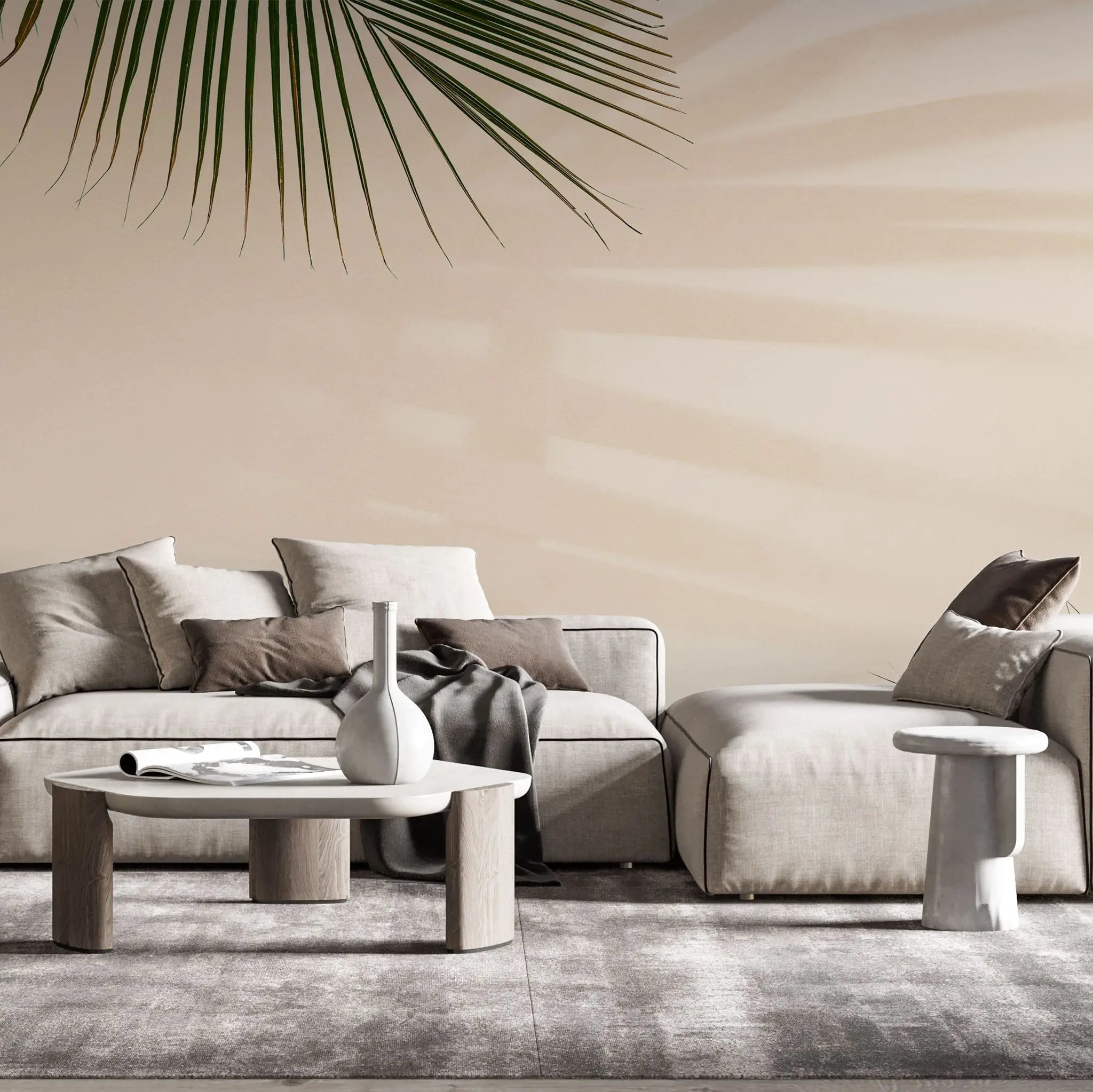 Tapet tropical personalizat cu frunze de palmier verzi si umbrele lor pe un fundal rose nude nude palm