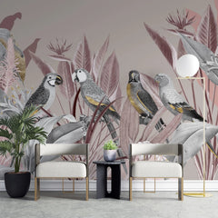 Tapet tropical personalizat cu papagali tropicali funze de calathea si flori tropicale in tonuri pastel de roz si gri pastel tropical