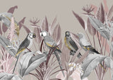 Tapet tropical personalizat cu papagali tropicali funze de calathea si flori tropicale in tonuri pastel de roz si gri pastel tropical