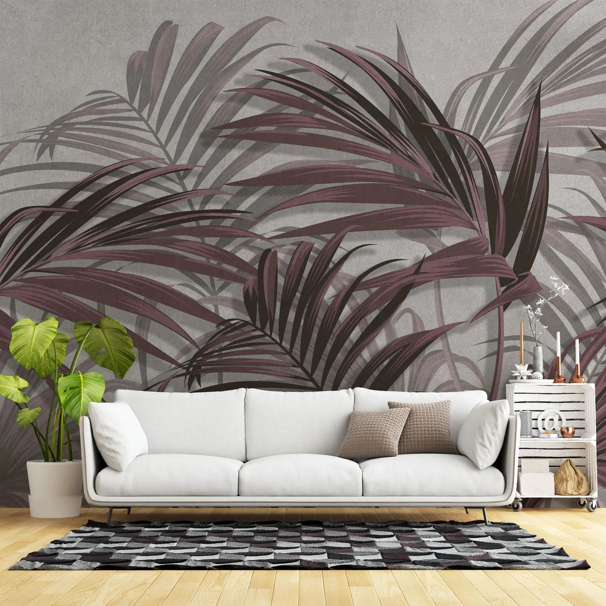 Tapet tropical personalizat cu frunze tropicale de palmier salbatic rosiatic pe fundal gri texturat picabeen palm