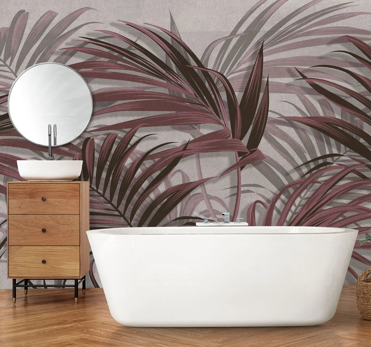 Tapet tropical personalizat cu frunze tropicale de palmier salbatic rosiatic pe fundal gri texturat picabeen palm