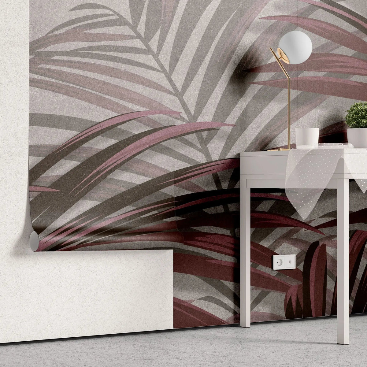 Tapet tropical personalizat cu frunze tropicale de palmier salbatic rosiatic pe fundal gri texturat picabeen palm
