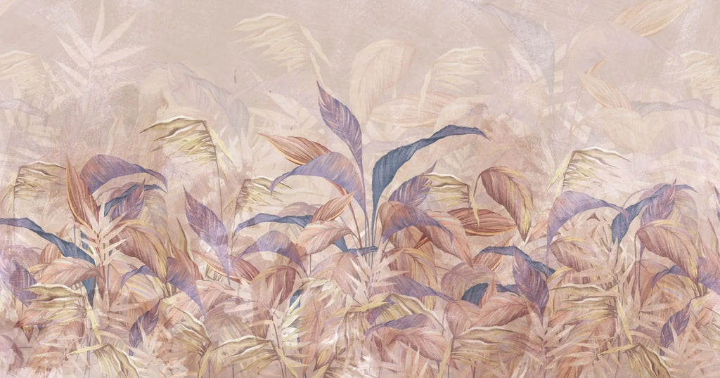 Tapet tropical personalizat cu o selectie de frunze de sterilitia bananier si palmier in nuante rose gold pastelate cu efect de pictura rose wilderness