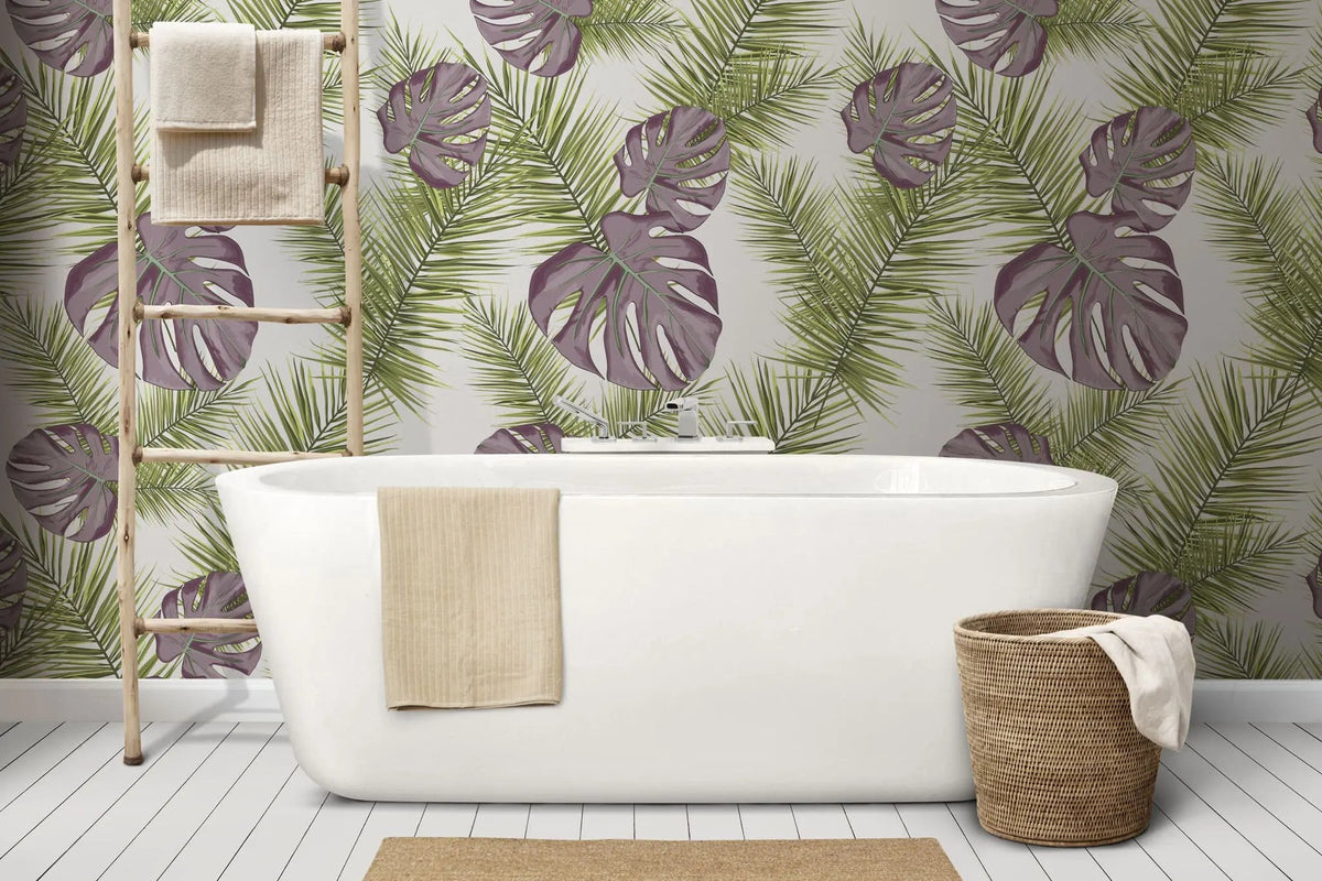 Tapet tropical personalizat cu frunze de palmier sago queen si monstera in nuante rozalii si verzi pe fundal alb sago queen monstera