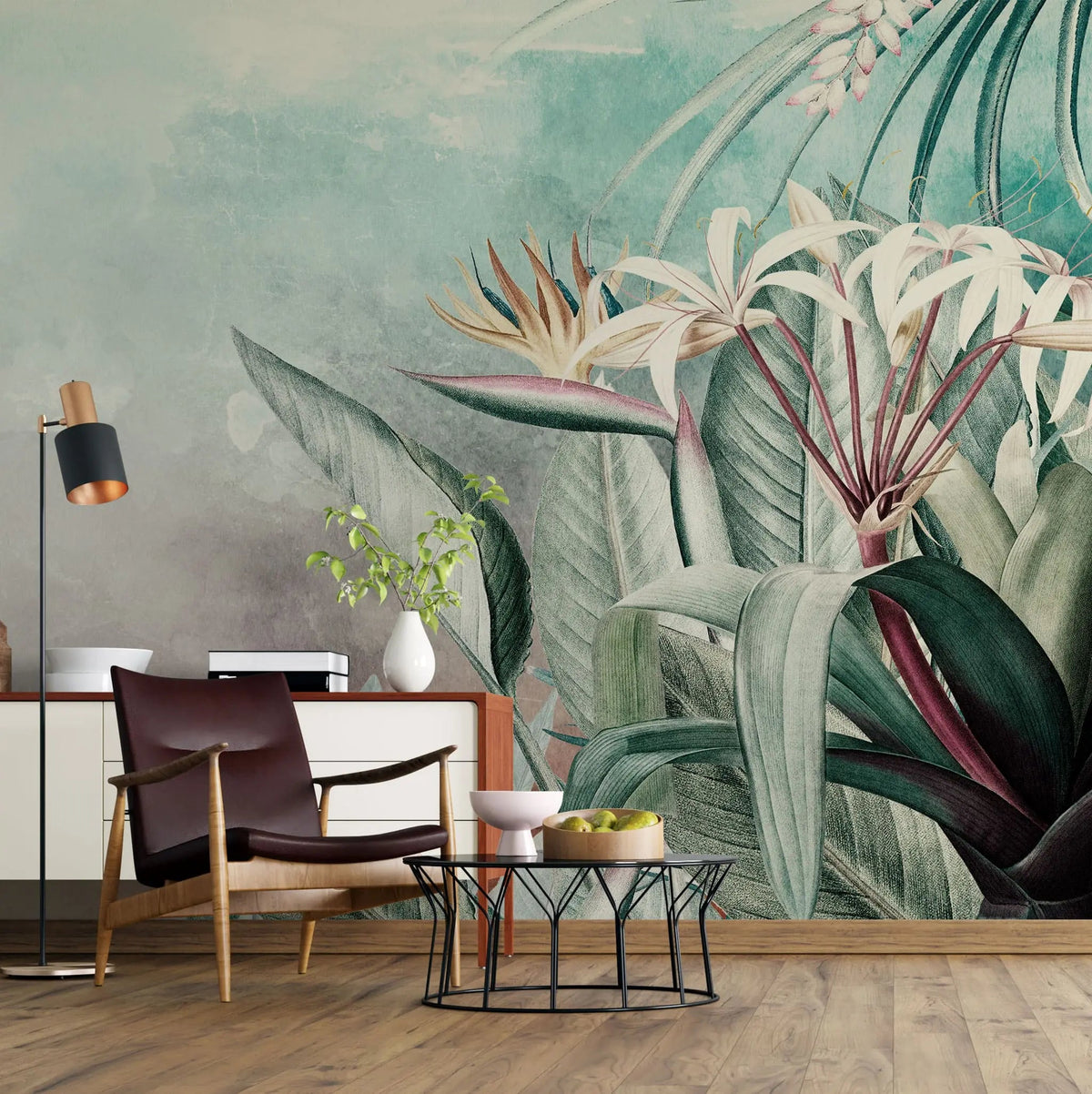 Tapet tropical personalizat cu flori si frunze tropicale planta paradisului pe un fundal calm pictat in nuantele rasaritului de roz albastru scenic tropical flowers