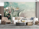 Tapet tropical personalizat cu flori si frunze tropicale planta paradisului pe un fundal calm pictat in nuantele rasaritului de roz albastru scenic tropical flowers