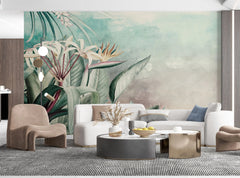 Tapet tropical personalizat cu flori si frunze tropicale planta paradisului pe un fundal calm pictat in nuantele rasaritului de roz albastru scenic tropical flowers
