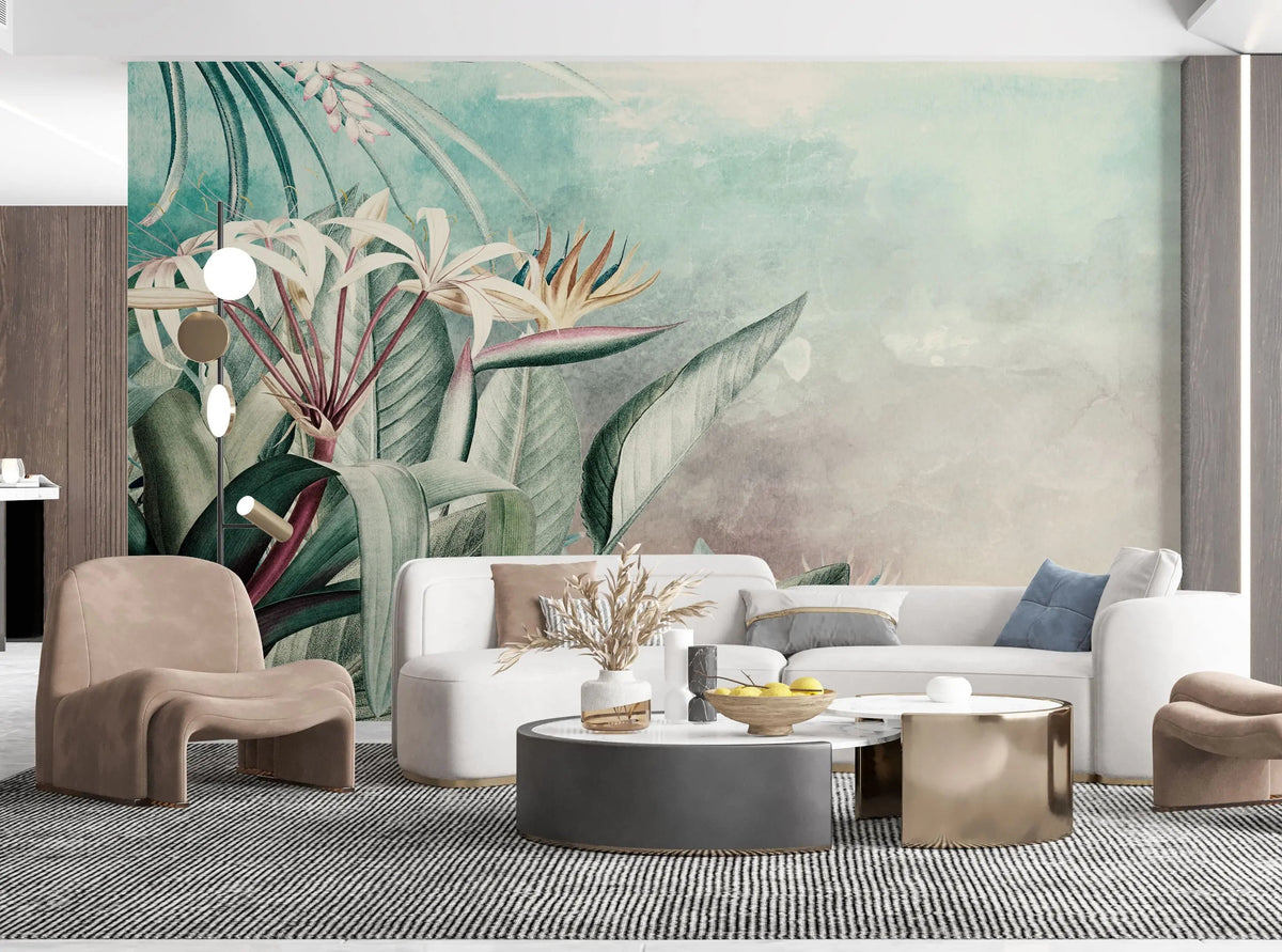 Tapet tropical personalizat cu flori si frunze tropicale planta paradisului pe un fundal calm pictat in nuantele rasaritului de roz albastru scenic tropical flowers