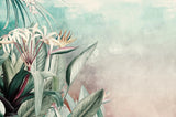 Tapet tropical personalizat cu flori si frunze tropicale planta paradisului pe un fundal calm pictat in nuantele rasaritului de roz albastru scenic tropical flowers