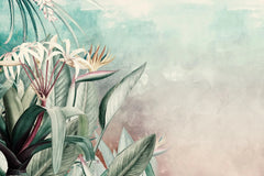 Tapet tropical personalizat cu flori si frunze tropicale planta paradisului pe un fundal calm pictat in nuantele rasaritului de roz albastru scenic tropical flowers