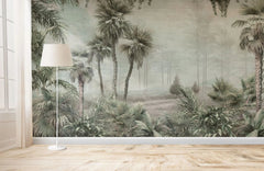 Tapet tropical personalizat cu palmieri inalti yatay copaci vazuti in departare totul in cadru de jungla tropicala sepia jungle
