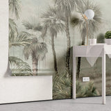 Tapet tropical personalizat cu palmieri inalti yatay copaci vazuti in departare totul in cadru de jungla tropicala sepia jungle