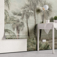 Tapet tropical personalizat cu palmieri inalti yatay copaci vazuti in departare totul in cadru de jungla tropicala sepia jungle