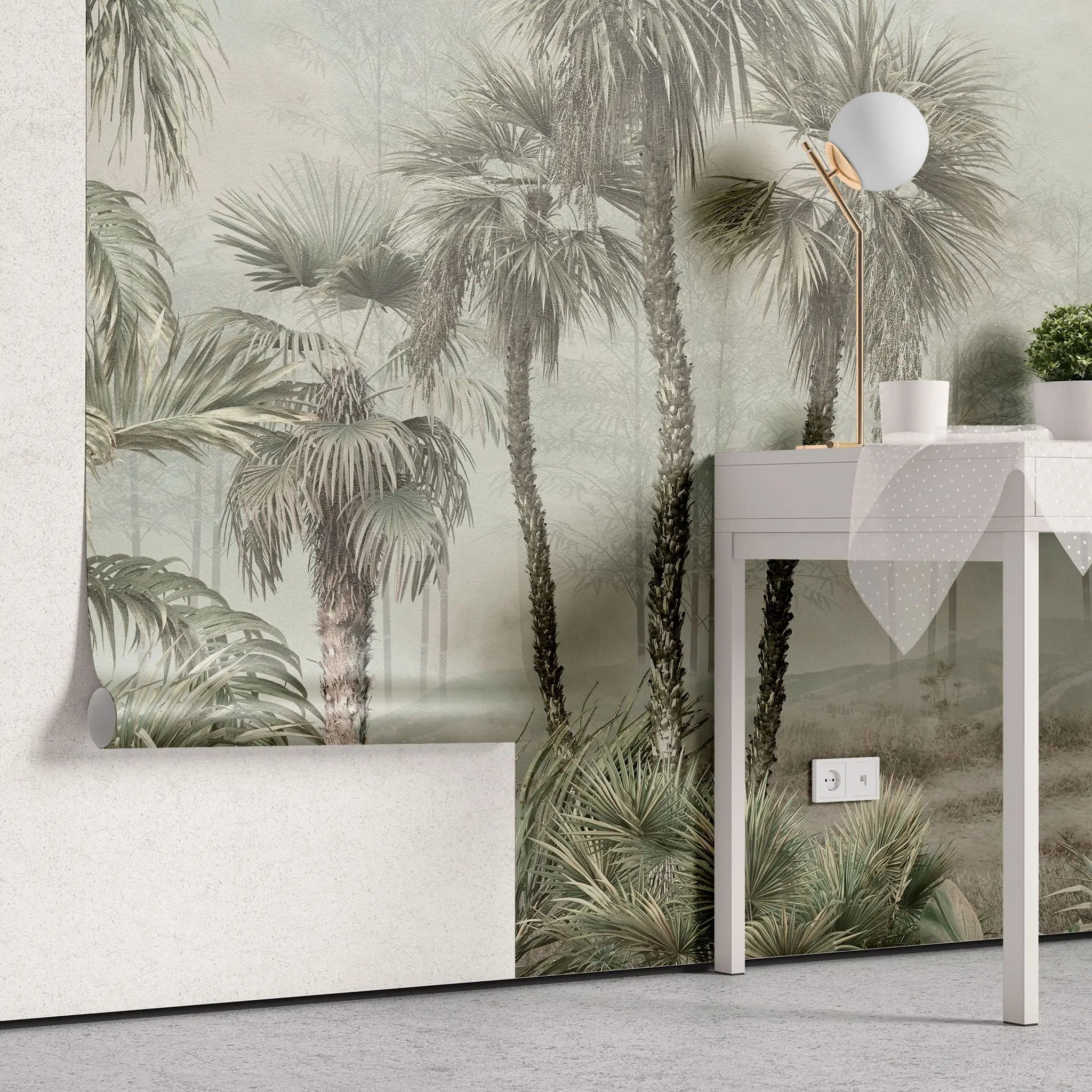 Tapet tropical personalizat cu palmieri inalti yatay copaci vazuti in departare totul in cadru de jungla tropicala sepia jungle