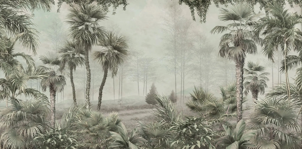 Tapet tropical personalizat cu palmieri inalti yatay copaci vazuti in departare totul in cadru de jungla tropicala sepia jungle