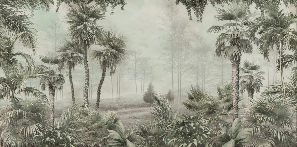 Tapet tropical personalizat cu palmieri inalti yatay copaci vazuti in departare totul in cadru de jungla tropicala sepia jungle