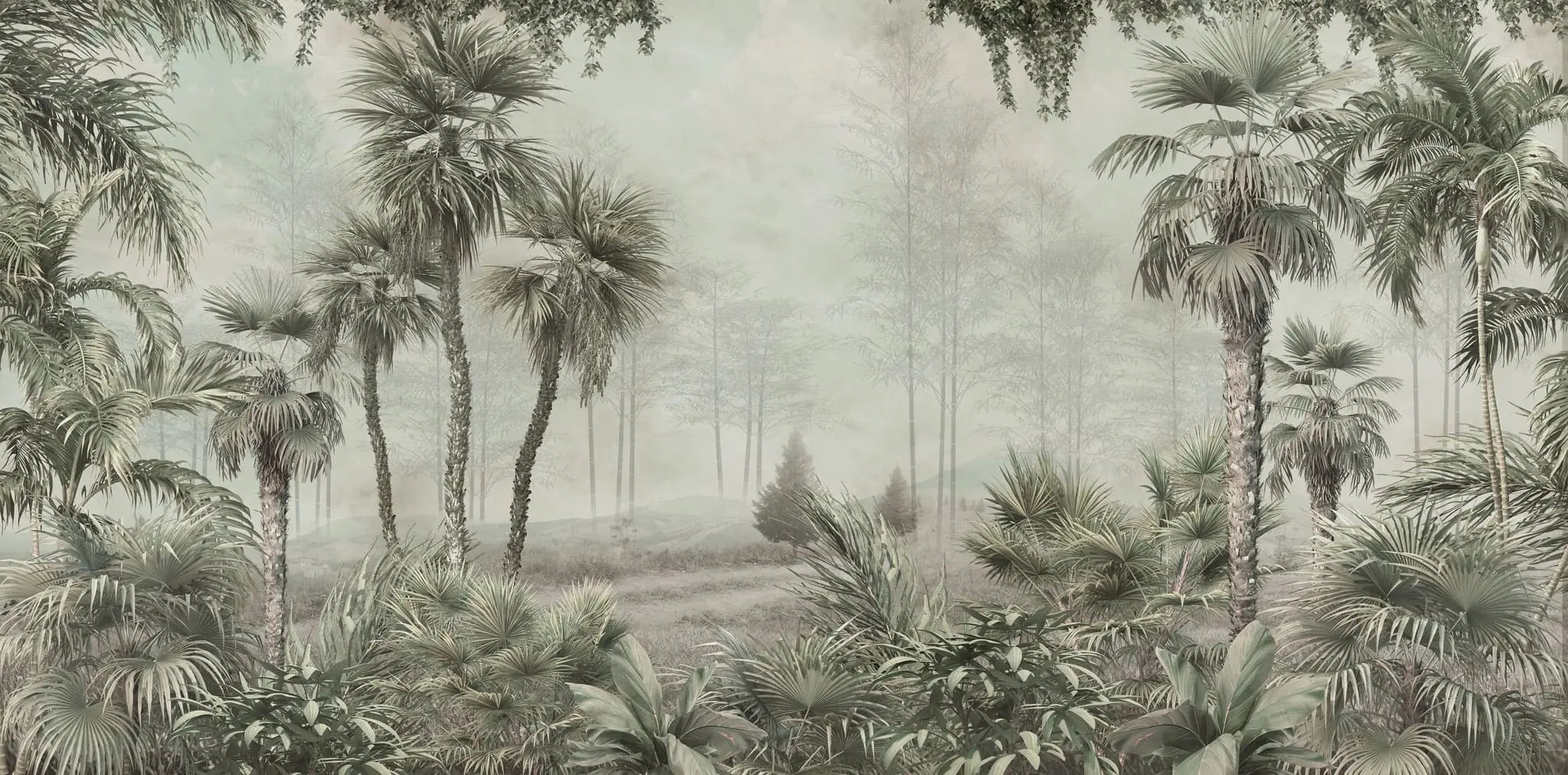 Tapet tropical personalizat cu palmieri inalti yatay copaci vazuti in departare totul in cadru de jungla tropicala sepia jungle