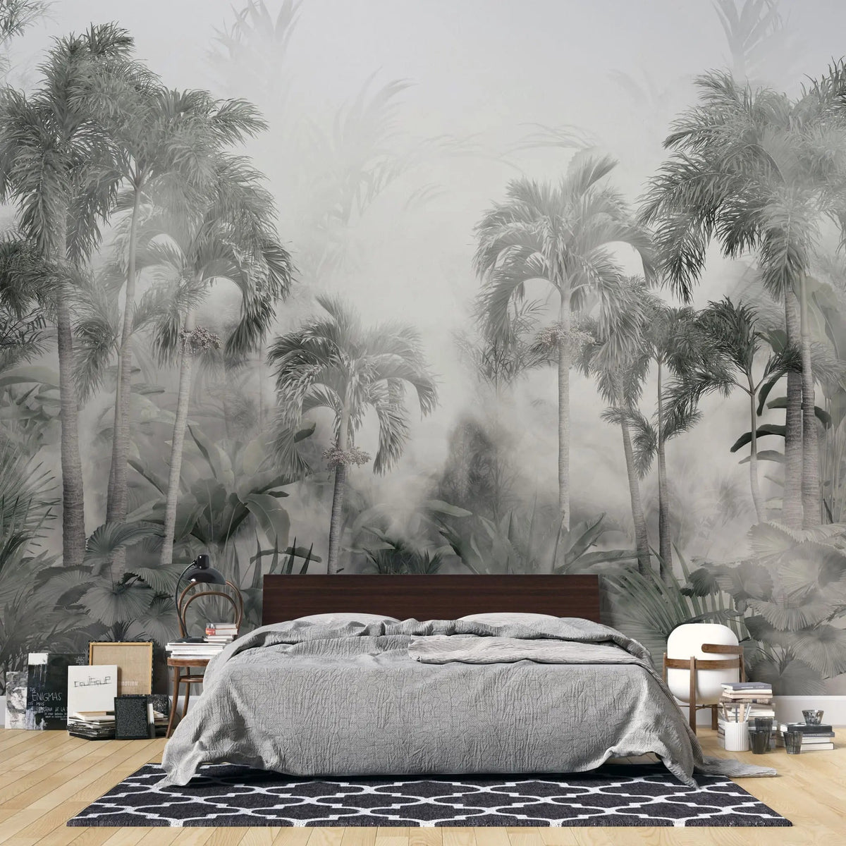 Tapet tropical personalizat in nuante sepia cu peisaj din jungla tropicala plina cu palmieri cocotieri frunze tropicale si ceata stormy jungle