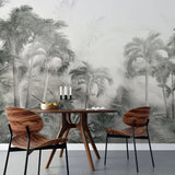 Tapet tropical personalizat in nuante sepia cu peisaj din jungla tropicala plina cu palmieri cocotieri frunze tropicale si ceata stormy jungle