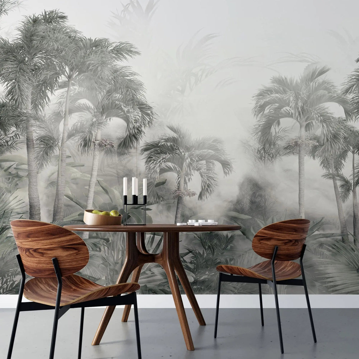 Tapet tropical personalizat in nuante sepia cu peisaj din jungla tropicala plina cu palmieri cocotieri frunze tropicale si ceata stormy jungle