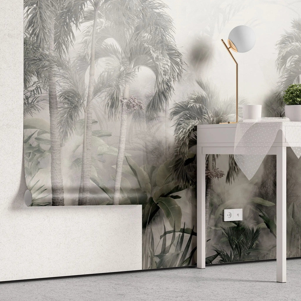 Tapet tropical personalizat in nuante sepia cu peisaj din jungla tropicala plina cu palmieri cocotieri frunze tropicale si ceata stormy jungle
