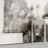 Tapet tropical personalizat in nuante sepia cu peisaj din jungla tropicala plina cu palmieri cocotieri frunze tropicale si ceata stormy jungle