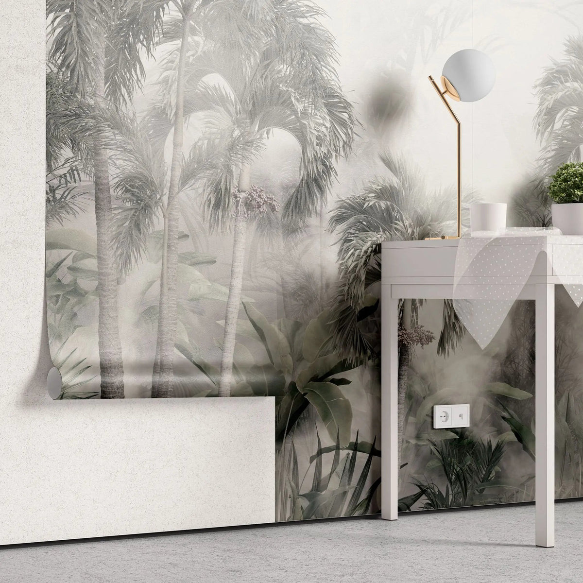 Tapet tropical personalizat in nuante sepia cu peisaj din jungla tropicala plina cu palmieri cocotieri frunze tropicale si ceata stormy jungle