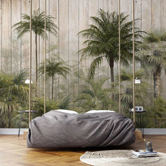 Tapet tropical personalizat cu palmieri si cocotieri intr un cadru tropical de jungla pe un fundal texturat de lemn bej cu umbrele palmierilor the palm's jungle