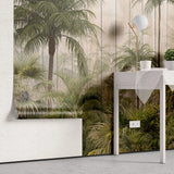 Tapet tropical personalizat cu palmieri si cocotieri intr un cadru tropical de jungla pe un fundal texturat de lemn bej cu umbrele palmierilor the palm's jungle