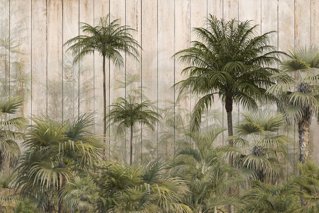 Tapet tropical personalizat cu palmieri si cocotieri intr un cadru tropical de jungla pe un fundal texturat de lemn bej cu umbrele palmierilor the palm's jungle