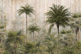 Tapet tropical personalizat cu palmieri si cocotieri intr un cadru tropical de jungla pe un fundal texturat de lemn bej cu umbrele palmierilor the palm's jungle