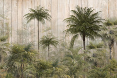 Tapet tropical personalizat cu palmieri si cocotieri intr un cadru tropical de jungla pe un fundal texturat de lemn bej cu umbrele palmierilor the palm's jungle