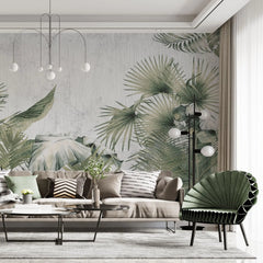 Tapet tropical personalizat cu frunze tropicale de palmier apak si bananier pe un fundal alb cu textura de lemn tropical aesthetic