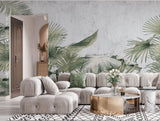 Tapet tropical personalizat cu frunze tropicale de palmier apak si bananier pe un fundal alb cu textura de lemn tropical aesthetic