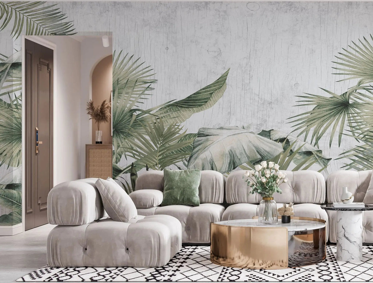 Tapet tropical personalizat cu frunze tropicale de palmier apak si bananier pe un fundal alb cu textura de lemn tropical aesthetic