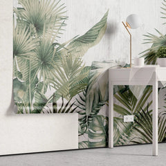 Tapet tropical personalizat cu frunze tropicale de palmier apak si bananier pe un fundal alb cu textura de lemn tropical aesthetic