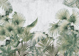 Tapet tropical personalizat cu frunze tropicale de palmier apak si bananier pe un fundal alb cu textura de lemn tropical aesthetic