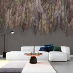 Tapet tropical personalizat cu frunze tropicale in diverse nuante rozalii aurii si maronii pe fundal maro inchis texturat tropical boho