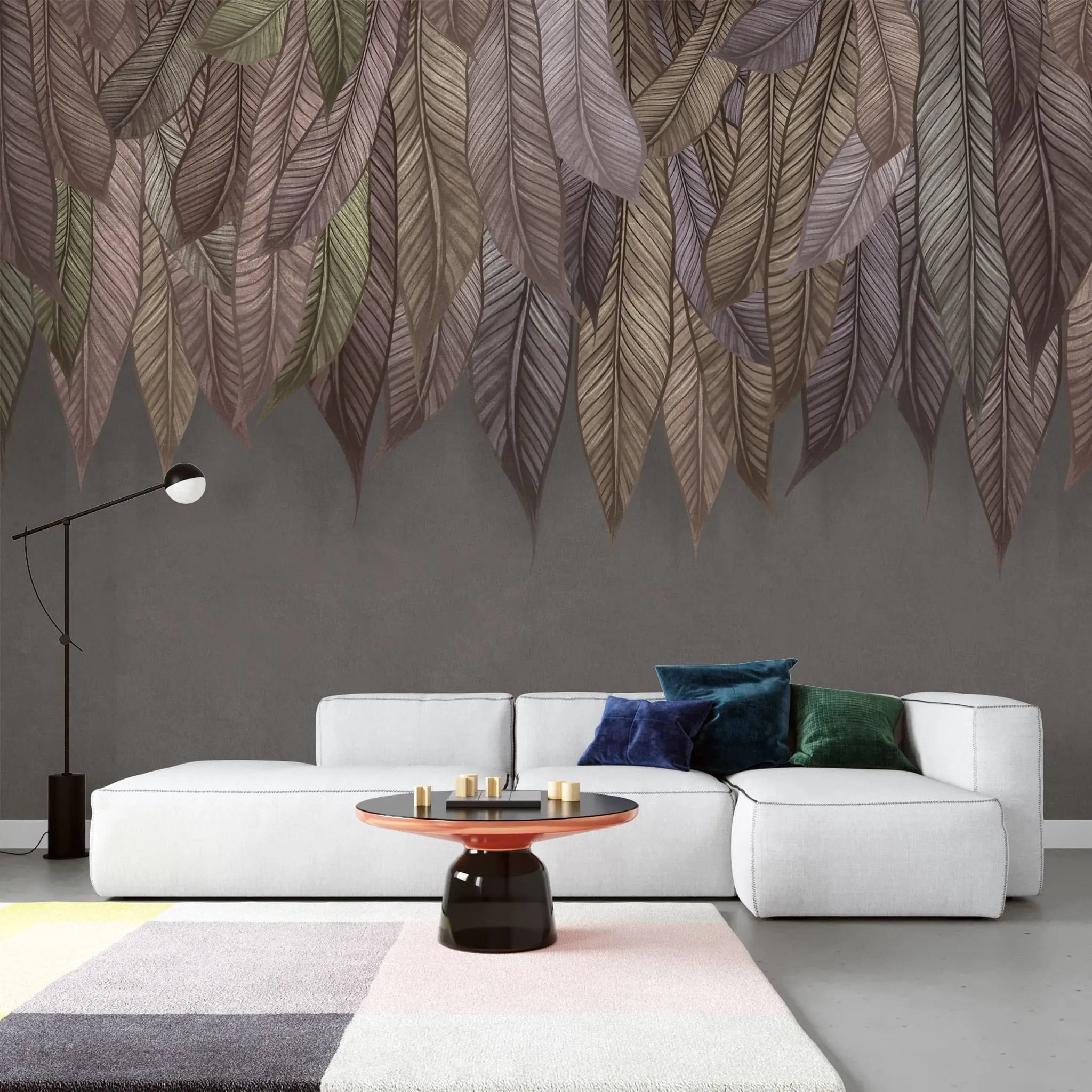 Tapet tropical personalizat cu frunze tropicale in diverse nuante rozalii aurii si maronii pe fundal maro inchis texturat tropical boho
