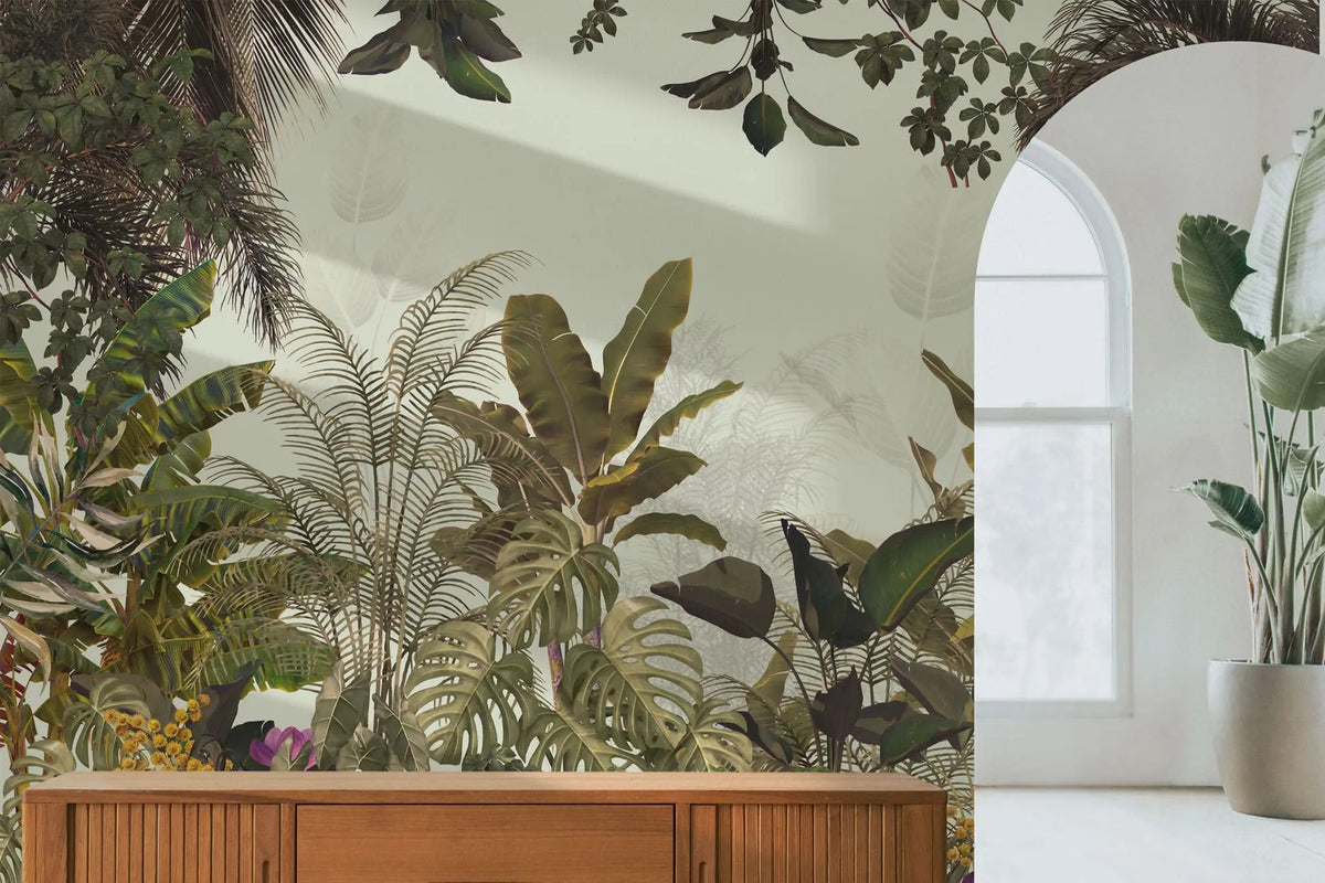 Tapet tropical personalizat cu plante tropicale  frunze tropicale de monstera bananier palmier flori tropicale efect de jungla amazoniana tropical canvas
