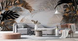 Tapet tropical personalizat cu frunze tropicale de monstera palmier apak si palmier belmore cu efect de marmura neagra cu insertii de bronz pe un fundal de marmura alba tropical marble