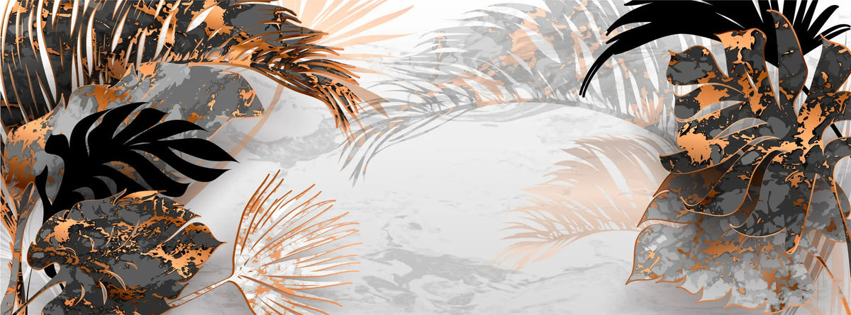 Tapet tropical personalizat cu frunze tropicale de monstera palmier apak si palmier belmore cu efect de marmura neagra cu insertii de bronz pe un fundal de marmura alba tropical marble