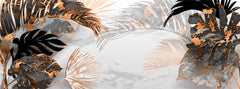Tapet tropical personalizat cu frunze tropicale de monstera palmier apak si palmier belmore cu efect de marmura neagra cu insertii de bronz pe un fundal de marmura alba tropical marble