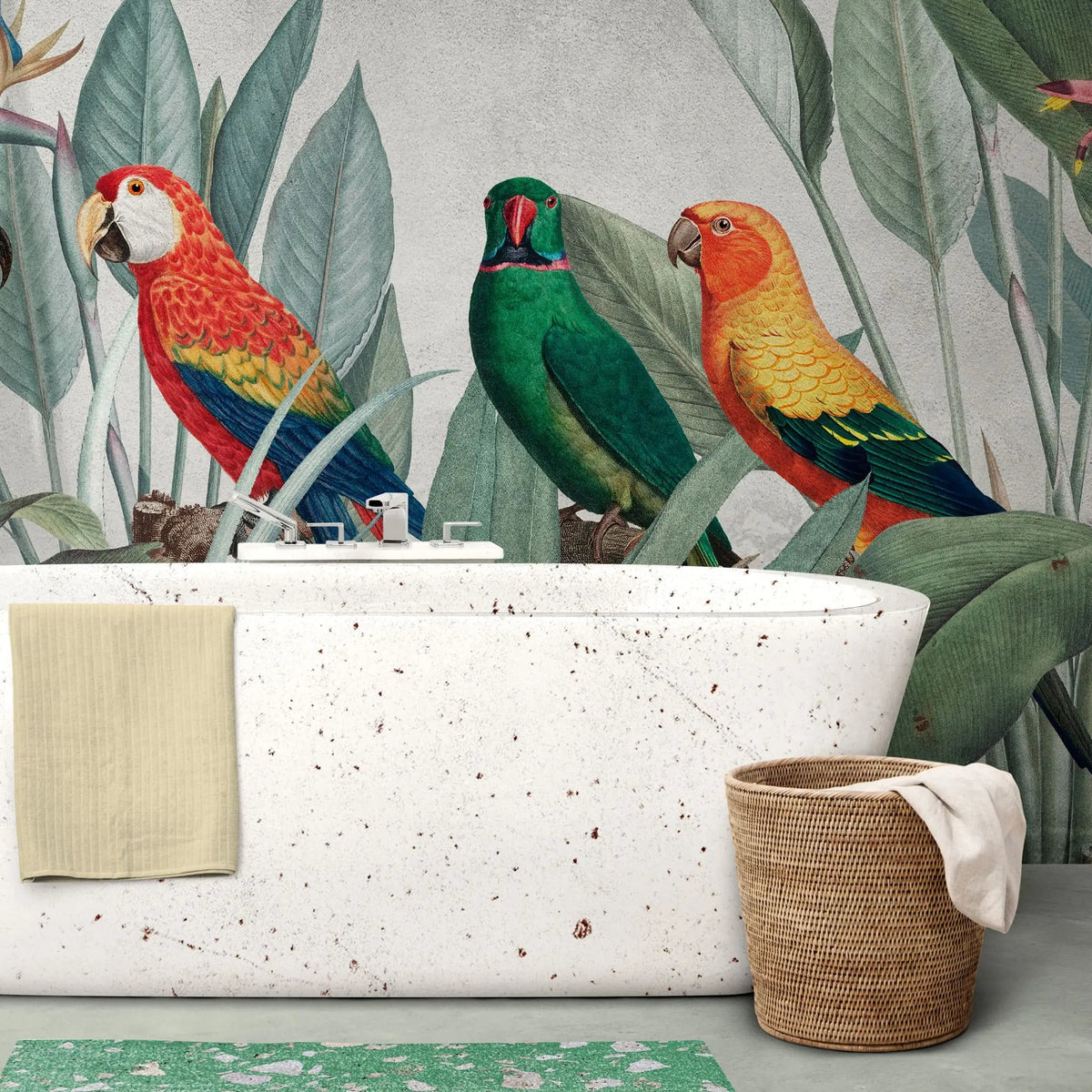 Tapet tropical personalizat tropical cu papagali exotici colorati planta paradisului flori si frunze tropicale tropical parrots