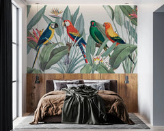 Tapet tropical personalizat tropical cu papagali exotici colorati planta paradisului flori si frunze tropicale tropical parrots
