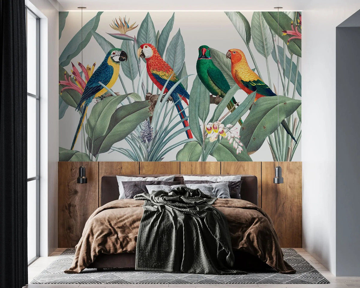 Tapet tropical personalizat tropical cu papagali exotici colorati planta paradisului flori si frunze tropicale tropical parrots