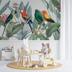 Tapet tropical personalizat tropical cu papagali exotici colorati planta paradisului flori si frunze tropicale tropical parrots