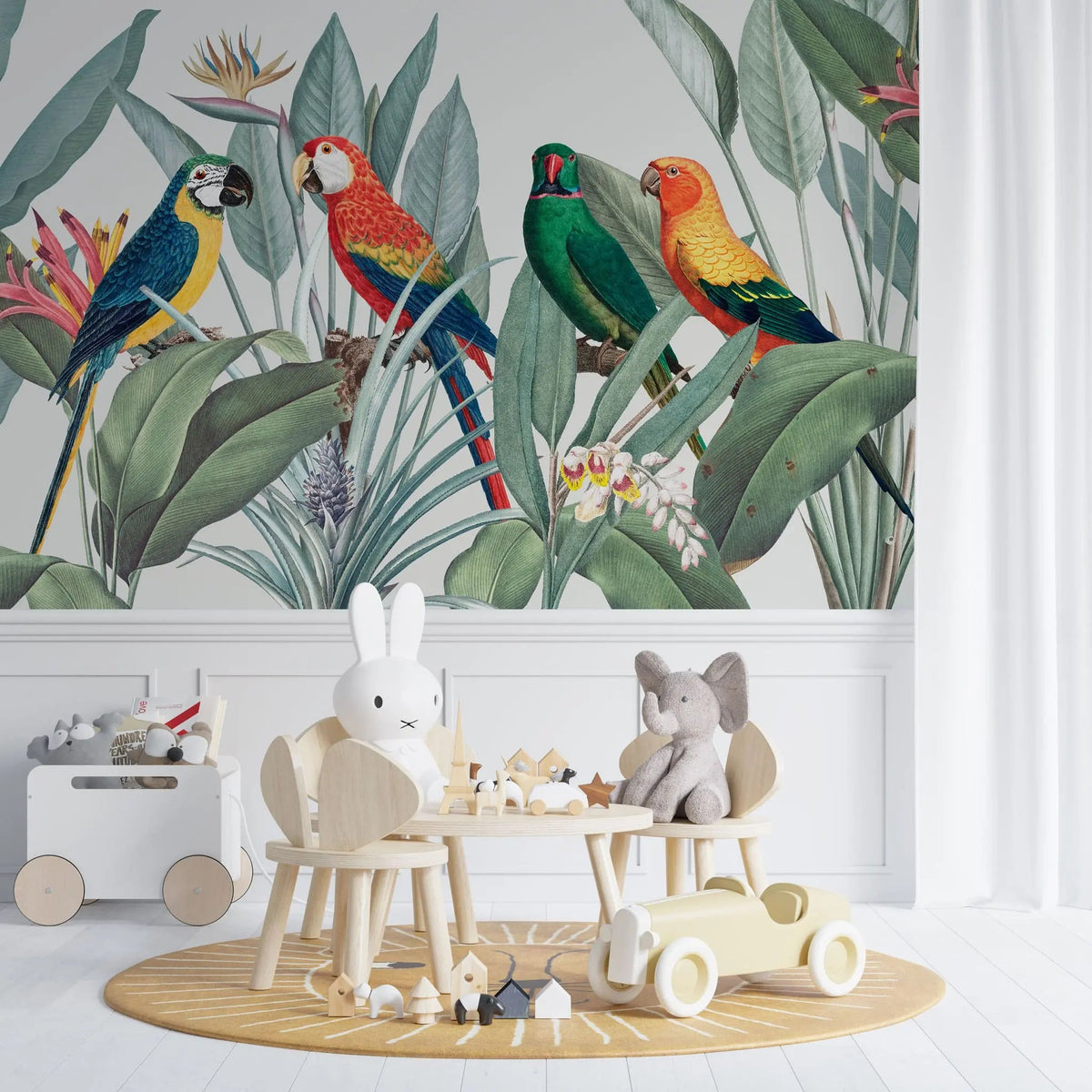 Tapet tropical personalizat tropical cu papagali exotici colorati planta paradisului flori si frunze tropicale tropical parrots